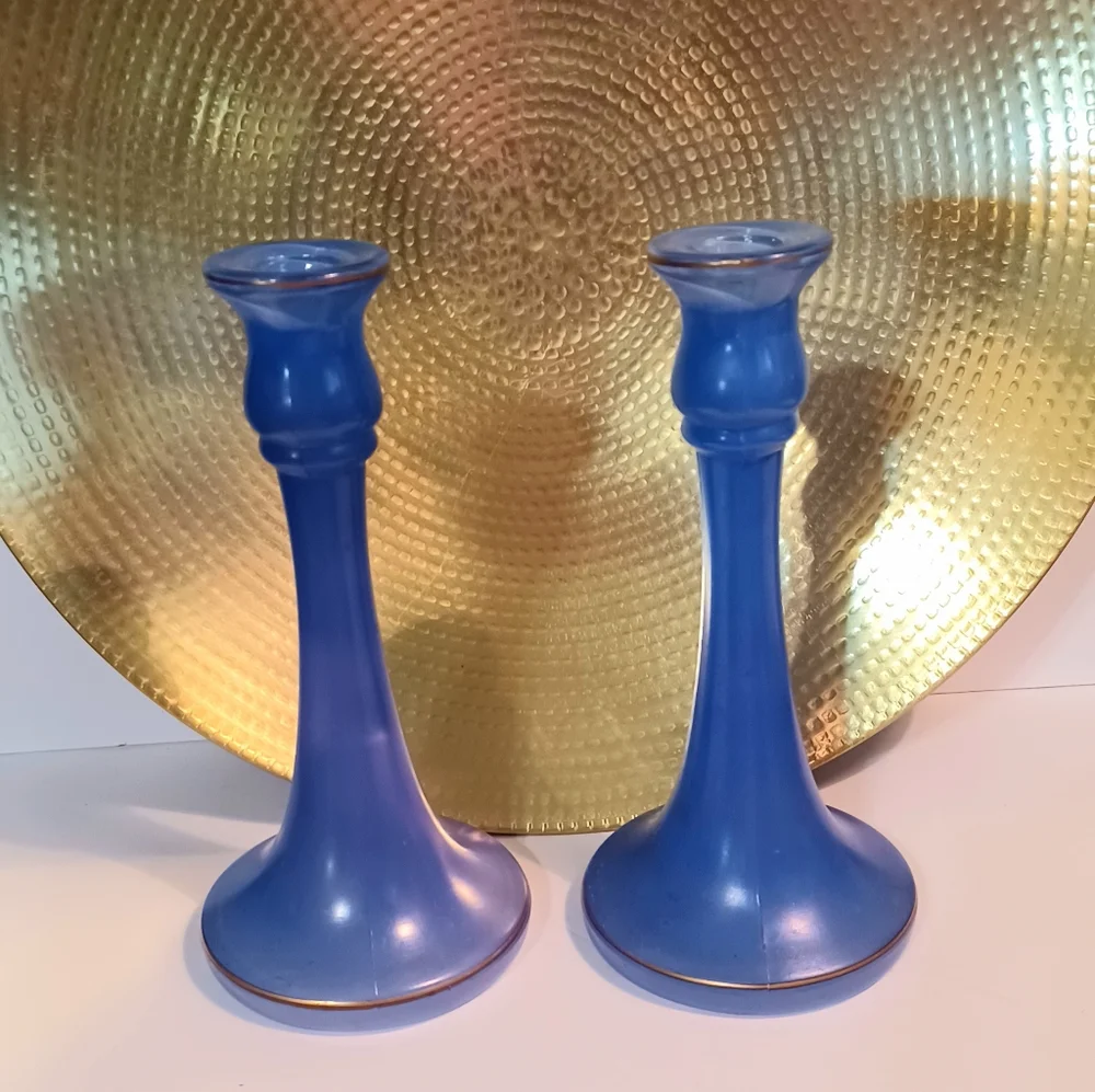 Pair Blue Art Deco Candlestick Holder by Tiffin Glass Circa 20's